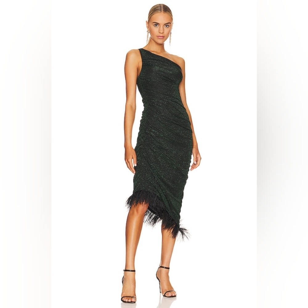SAYLOR One-Shoulder Emerald Green Feather-Hem Dress - Picture 3 of 14